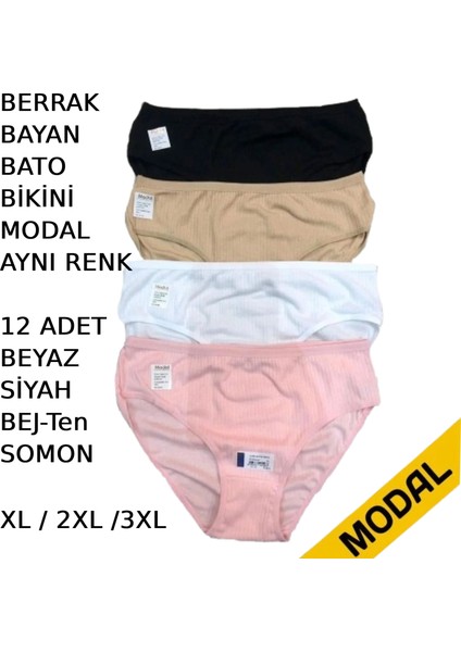 Kadın Bato Bikini Külot Modal 12 Adet Beyaz Siyah Bej Somon Renkli