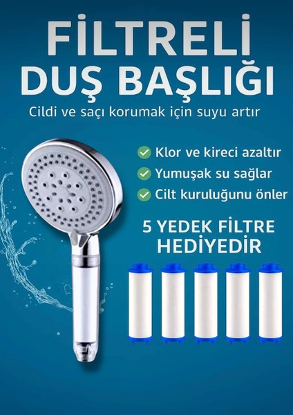 5 Adet Yedek Filtreli Duş Başlığı Kireç Önleyici Özellikli Su Tasarruflu Lüks Model