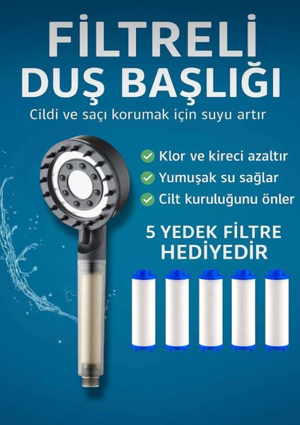 5 Adet Yedek Filtreli Su Tasarruflu Kireç Önleyici Özellikli Siyah Duş Başlığı