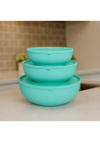 Yuvarlak Kapaklı Sığ Kase Seti 3'lü Kase Set Sert Plastik Yumuşak Kapaklı Pastel Yeşil