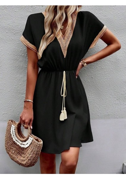 Kadın Kısa Kollu V Yakalı Belinde Bağcıklı Viskon Elbise indirimleri