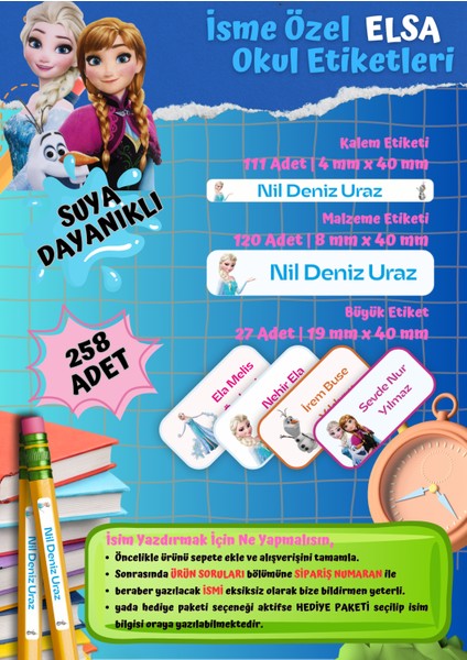 Okul Etiketi Kalem Defter Kişiye Özel Isim Yazılabilen Etiket 258 Adet Elsa