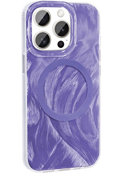 Apple iPhone 15 Pro Max Kılıf Magsafe Şarj Özellikli Fırça Boya Desenli Xemu Palet Kapak-Mor