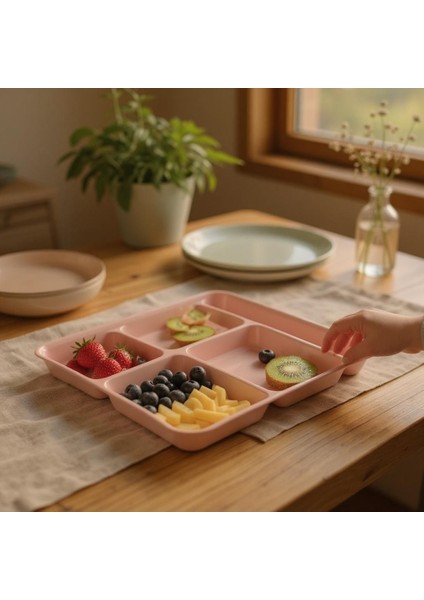 Tabldot 5 Bölmeli Lüks Plastik Piknik Tablot Yemek Servis Tabağı Pudra 21 x 31 x 3,5 (H) cm