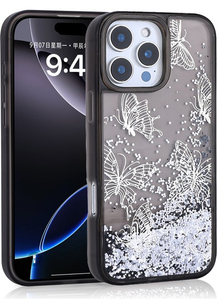 iPhone 16 Pro Max Uyumlu Kılıf Sıvılı Simli Kelebek Baskılı Şeffaf Arka Yüzey Xemu Glis Silikon Kapa