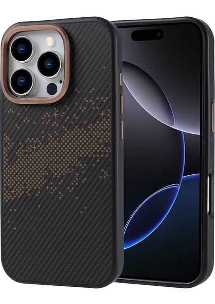 iPhone 16 Pro Kılıf Magsafe Şarj Özellikli Karbon Fiber Tasarımlı Xemu Vave Kapak-Gold-Gold