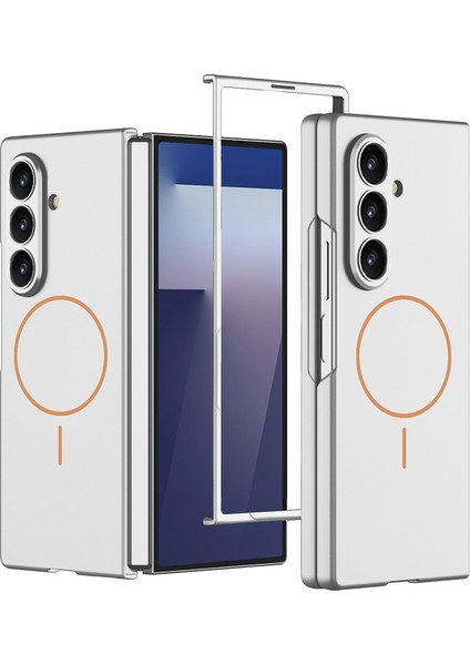 Galaxy Uyumlu Z Fold 7 Kılıf Wireless Şarj Özellikli Zore Kıpta M-Safe Kapak-Gümüş