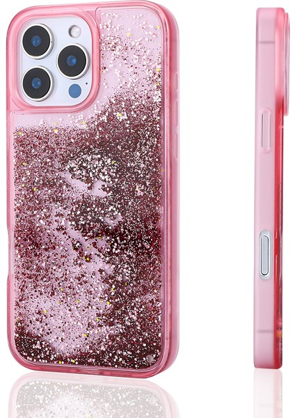 iPhone 12 Pro Uyumlu Kılıf Sıvılı Simli Şeffaf Arka Yüzey Xemu Keto Silikon Kapak-Pembe