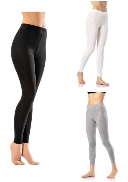 Kota 3'lü Siyah Beyaz ve Gri Renkler Penye Kadın Uzun Tayt