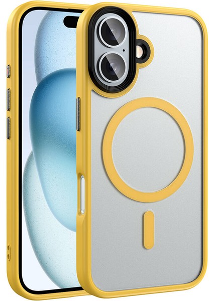 Apple iPhone 16 Kılıf Mat Arka Yüzey Wireless Şarj Özellikli Xemu Flet Magsafe Kapak-Sarı