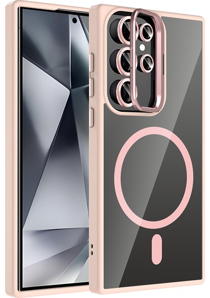 Galaxy S24 Ultra Kılıf Standlı ve Kamera Lens Hediyeli M-Safe Şarj Özellikli Xemu Etro Kapak - Pembe fiyatları