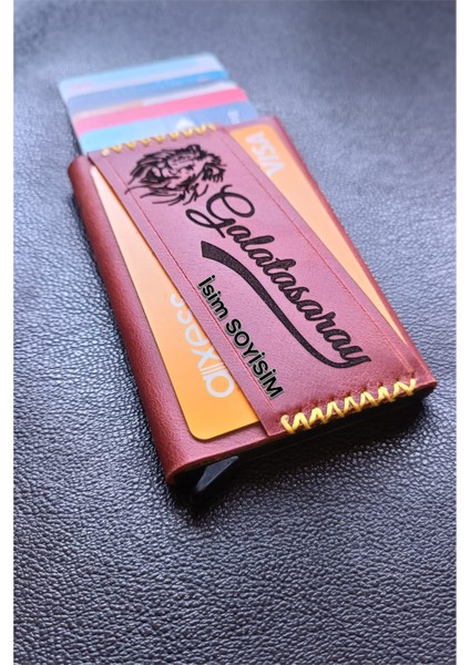 Galatasaray Hakiki Deri El Yapımı RFİD Güvenlikli Mekanizmalı Kartlık