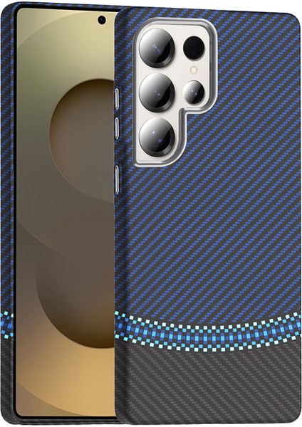 Galaxy S25 Ultra Kılıf M-Safe Şarj Özellikli Karbon Fiber Görünümlü Xemu Gros Kapak - Siyah-Lacivert