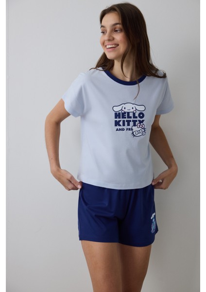 Açık Mavi Sanrio Happy Friends Bisiklet Yaka Pamuklu Kısa Kollu Şortlu Pijama Takımı