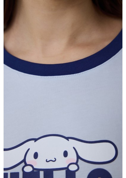 Açık Mavi Sanrio Happy Friends Bisiklet Yaka Pamuklu Kısa Kollu Şortlu Pijama Takımı modelleri