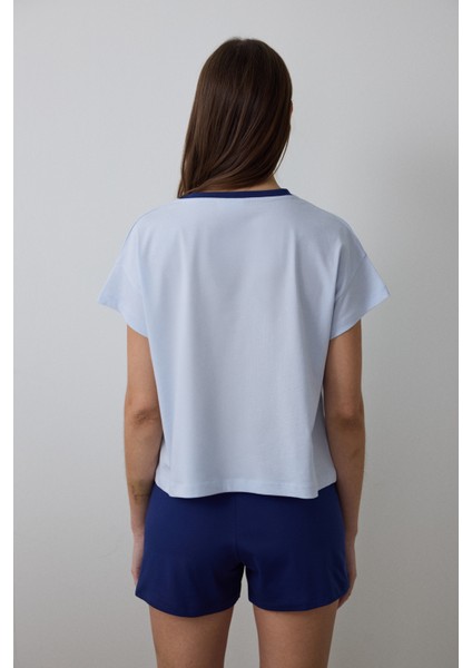 Açık Mavi Sanrio Happy Friends Bisiklet Yaka Pamuklu Kısa Kollu Şortlu Pijama Takımı fırsatları