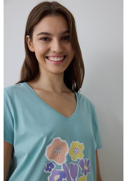 Mint Yeşili With Love Çiçek Desenli Pamuklu V Yaka Kısa Kollu Pijama Takımı modelleri