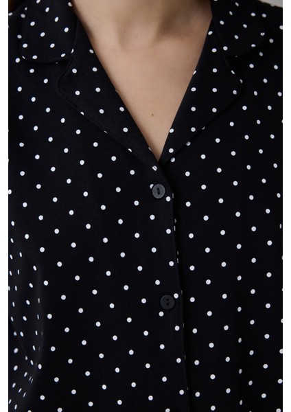 Siyah Puantiye Desenli Gömlek Yaka Kısa Kollu Pamuklu Pijama Takımı modelleri