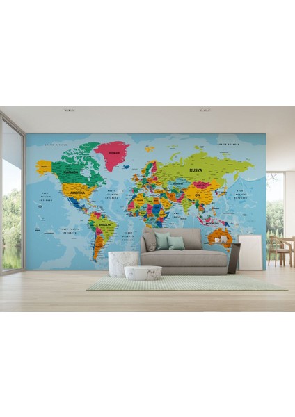 Dünya Haritası Türkçe Duvar Kağıdı Ayrıntılı Dekoratif-Okyanuslu 2172 fırsatları