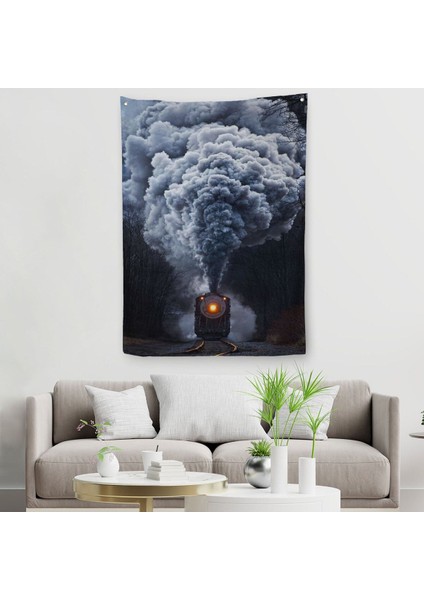 Gri Dumanı ile Kara Tren Duvar Örtüsü - HALISI-6015