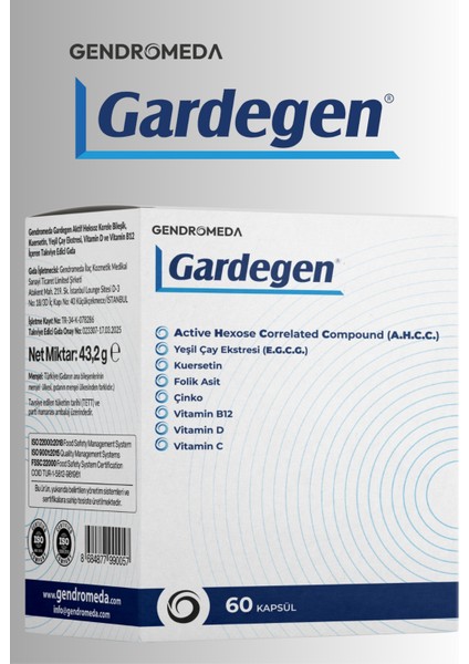 Gardegen 60KAPSÜL(AHCCompoud, EGCG, Quercetin, Folic Asit,Çinko,Vitamin D,C,B12 Kapsül) fiyatları