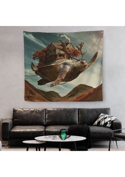 Evini Sırtında Taşıyan Uçan Kaplunbağa Sürreal Duvar ÖRTÜSÜ-HALISI-5868