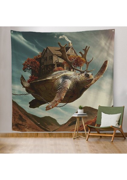 Evini Sırtında Taşıyan Uçan Kaplunbağa Sürreal Duvar ÖRTÜSÜ-HALISI-5868