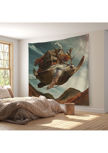 Evini Sırtında Taşıyan Uçan Kaplunbağa Sürreal Duvar ÖRTÜSÜ-HALISI-5868