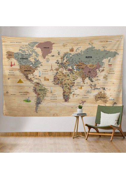 HaritaSepeti Vintage Dünya Haritası Desenli Bej Gri %100 Pamuk Kanvas Duvar Örtüsü – Bohem Tarz, Yatak ve Oturma Odası Dekoru