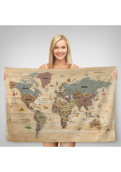 HaritaSepeti Vintage Dünya Haritası Desenli Bej Gri %100 Pamuk Kanvas Duvar Örtüsü – Bohem Tarz, Yatak ve Oturma Odası Dekoru