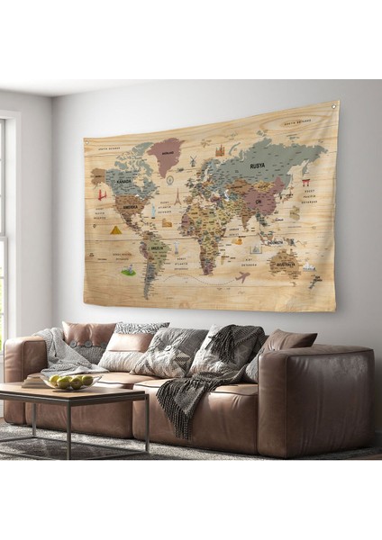 HaritaSepeti Vintage Dünya Haritası Desenli Bej Gri %100 Pamuk Kanvas Duvar Örtüsü – Bohem Tarz, Yatak ve Oturma Odası Dekoru