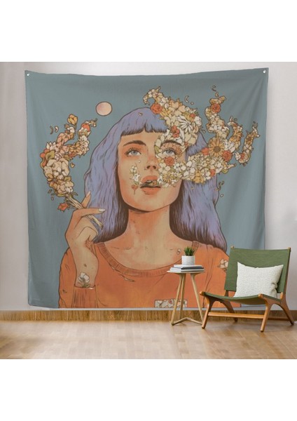 Sigara Içen Kadın Çiçek Detaylı Kanvas Duvar ÖRTÜSÜ-HALISI-5877