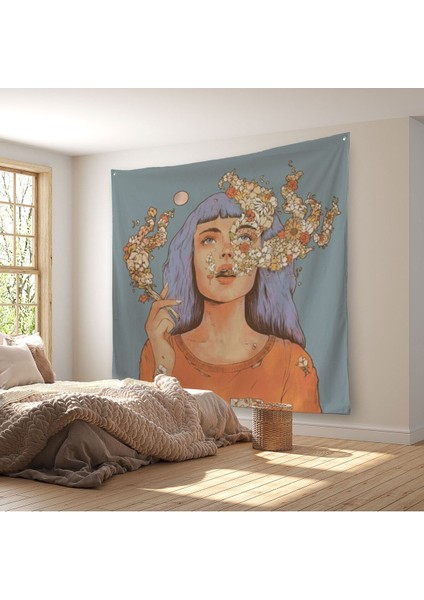 Sigara Içen Kadın Çiçek Detaylı Kanvas Duvar ÖRTÜSÜ-HALISI-5877