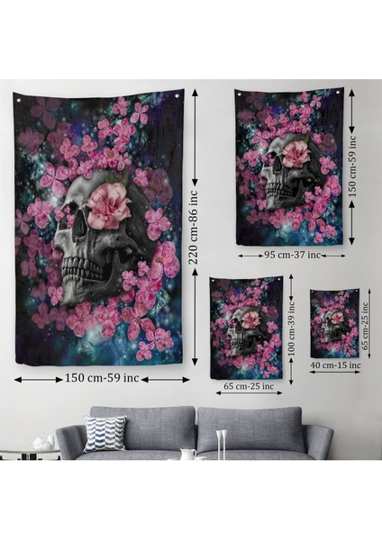 Iskelet Kafa ve Pembe Çiçekler Kanvas Duvar Örtüsü - Halısı -5234 modelleri