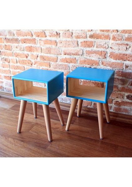 Ahşap Turkuaz El Boyama Çekmecesiz 2'li Retro Komodin Set