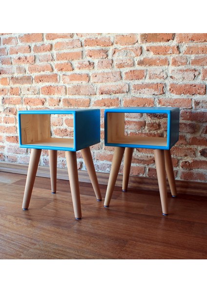 Ahşap Turkuaz El Boyama Çekmecesiz 2'li Retro Komodin Set fiyatları