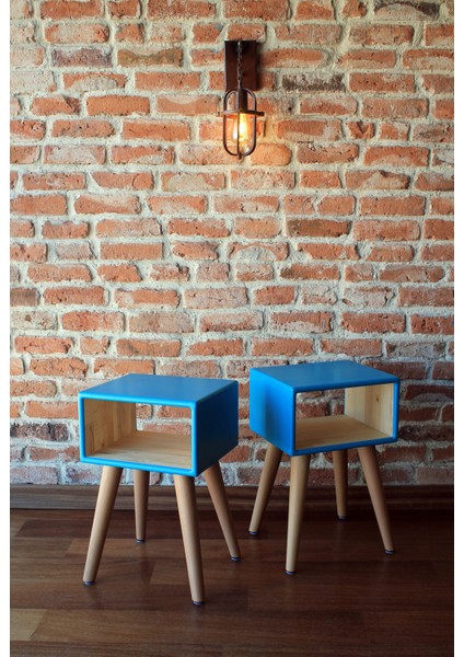 Ahşap Turkuaz El Boyama Çekmecesiz 2'li Retro Komodin Set fırsatları