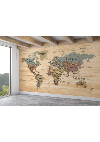 Ingilizce Dünya Haritası Duvar Kağıdı Ahşap Görünümlü Detaylı -1813 fiyatları