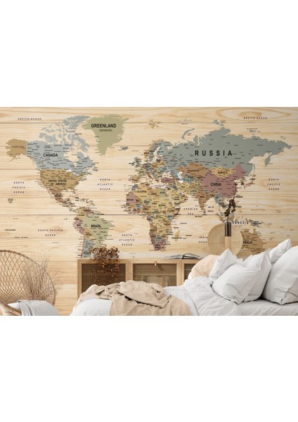Ingilizce Dünya Haritası Duvar Kağıdı Ahşap Görünümlü Detaylı -1813 modelleri