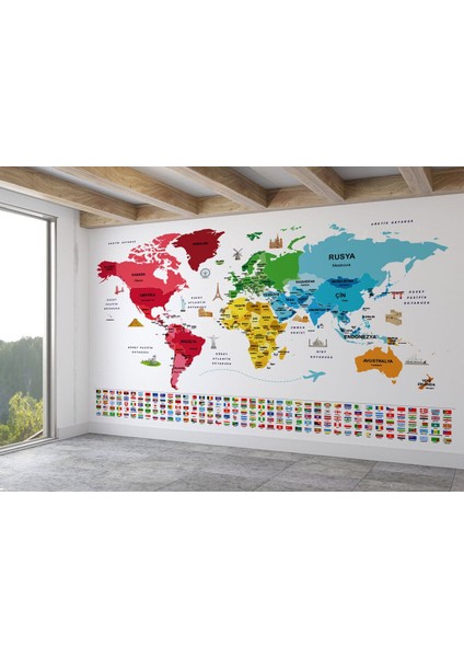MODAGOS068 Türkçe Dünya Haritası Ülke Bayrak ve Başkentli Duvar KAĞIDI-1958 fiyatları
