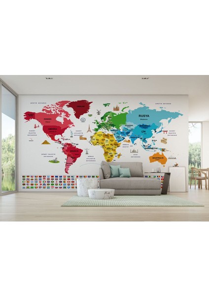 MODAGOS068 Türkçe Dünya Haritası Ülke Bayrak ve Başkentli Duvar KAĞIDI-1958 modelleri