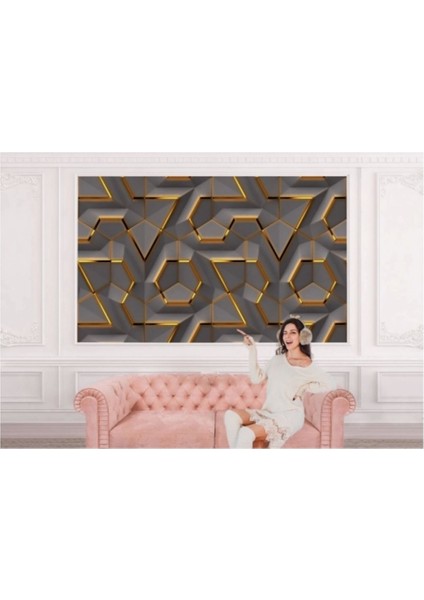 3D Görünümlü Altın Detaylı Geometrik Desen Duvar KAĞIDI-5608