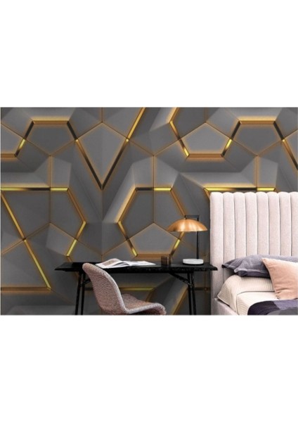 3D Görünümlü Altın Detaylı Geometrik Desen Duvar KAĞIDI-5608 modelleri