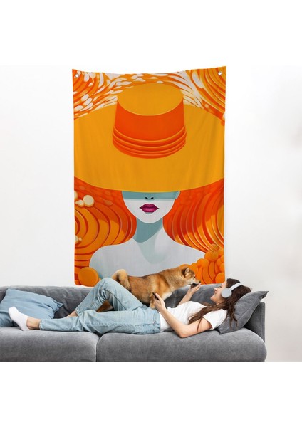 Turuncu Şapkalı Retro Kadın Duvar ÖRTÜSÜ-7561