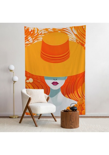 Turuncu Şapkalı Retro Kadın Duvar ÖRTÜSÜ-7561