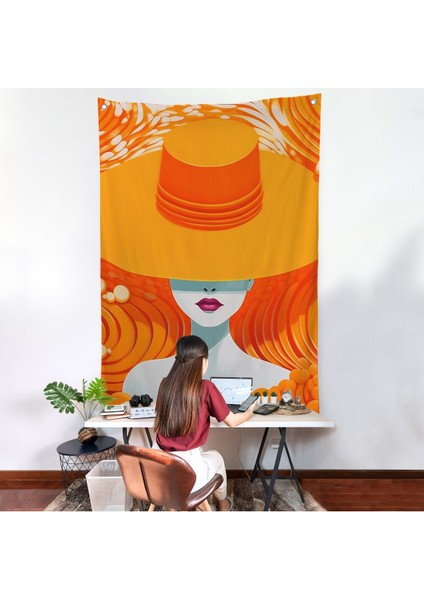 Turuncu Şapkalı Retro Kadın Duvar ÖRTÜSÜ-7561