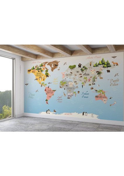 Dünya Haritası Çocuk ve Bebek Odası Hayvanlar Alemi Duvar KAĞIDI-3824