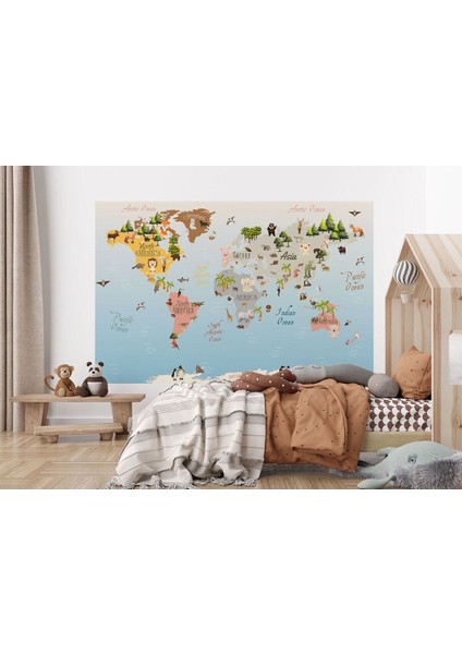 Dünya Haritası Çocuk ve Bebek Odası Hayvanlar Alemi Duvar KAĞIDI-3824 modelleri