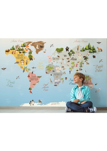 Dünya Haritası Çocuk ve Bebek Odası Hayvanlar Alemi Duvar KAĞIDI-3824 fırsatları