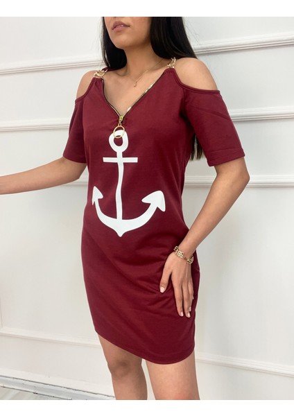 Fermuar Detay Çıpa Baskılı Zincir Askılı Iki Iplik Elbise - Bordo fiyatları
